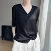 French acetate satin shirt women's summer solid color loose short top, high-end V-neck straight shoulder mulberry silk T-shirt Specification image